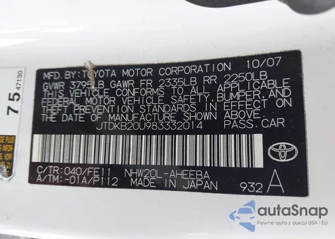 2008 Toyota Prius z USA, uszkodzony, nr VIN JTDKB20U983332014